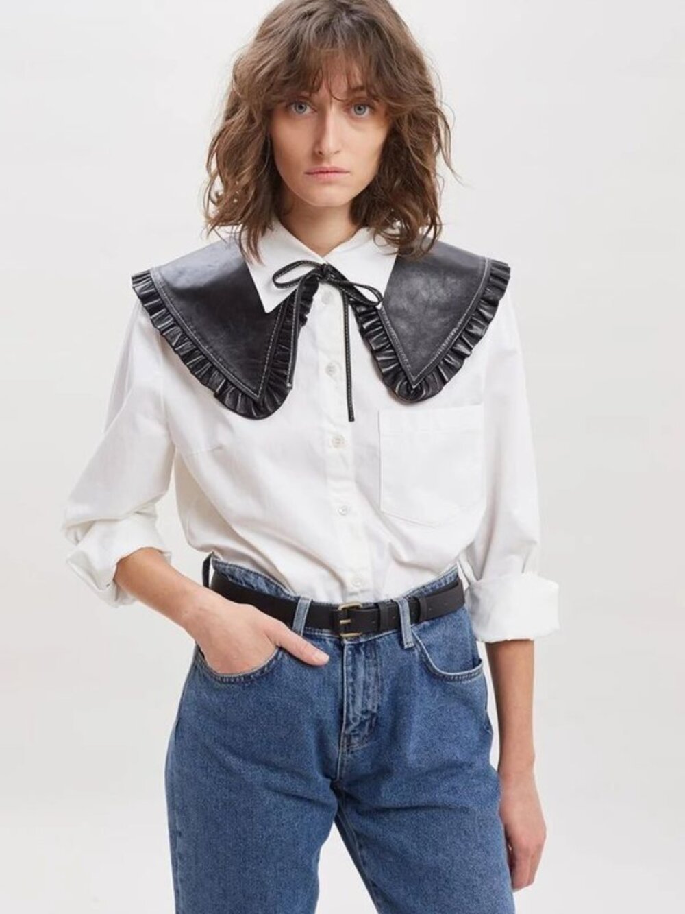NWT Ganni Detachable Lambskin Leather Ruffle Collar in Dark Brown OS